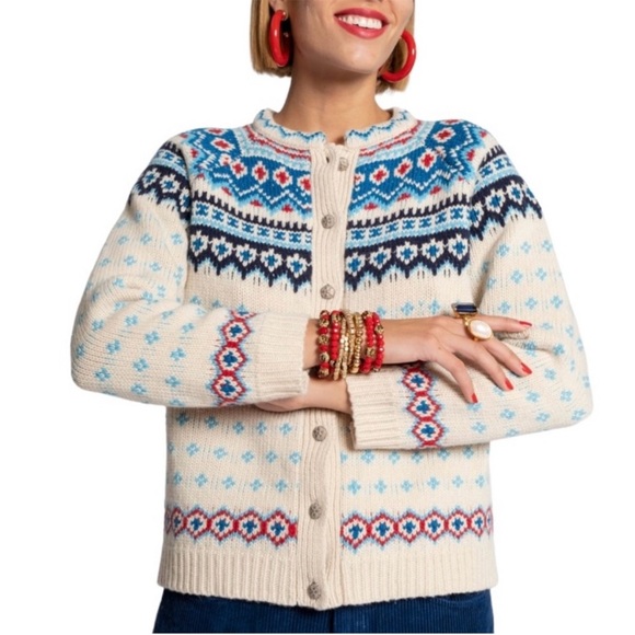 Frances Valentine Fairisle Cardigan Red & Blue Like New Sz. Lg - Picture 2 of 8